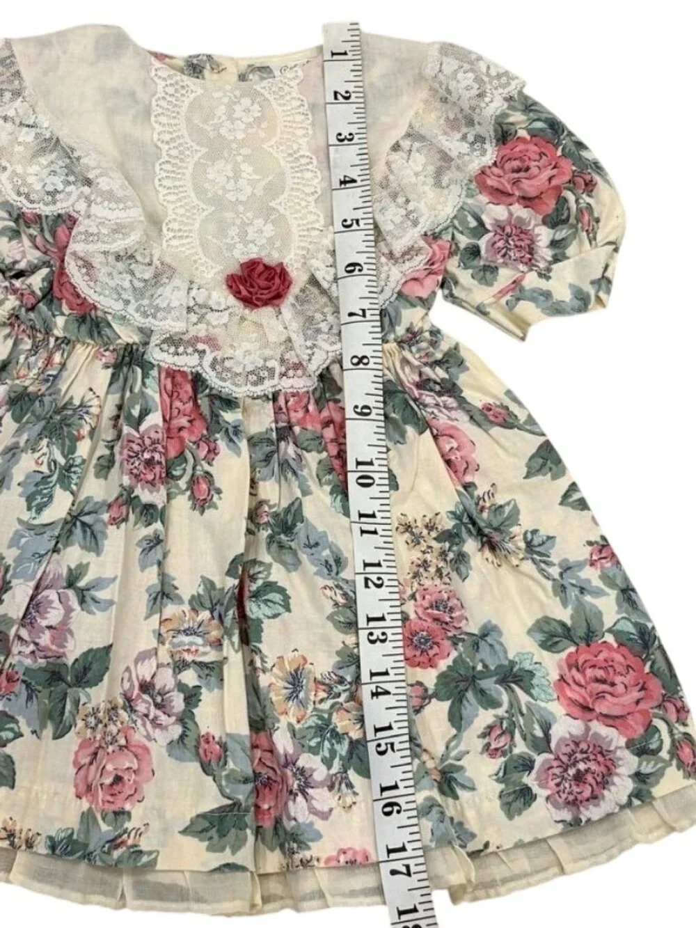 Vintage Victorian 3T Girls Floral Lace Collar Dress Puff Sleeves